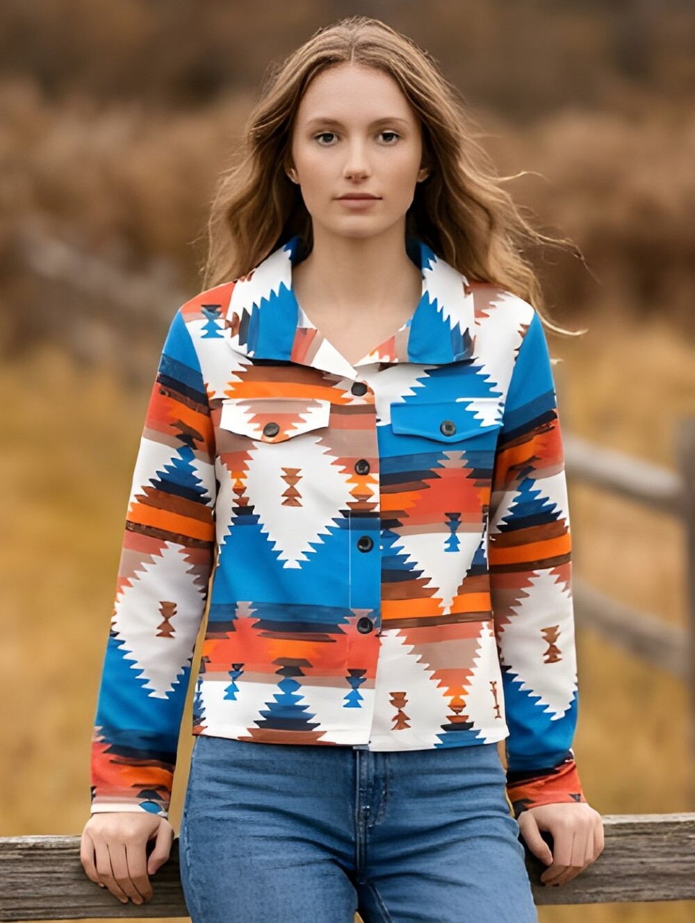 Aztec-Print Button-Down Shirt Jacket in Blue & Rust